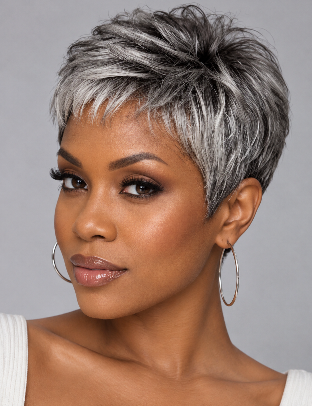 A close-up portrait of a woman wearing a short, layered pixie wig with silver and dark gray tones, paired with large hoop earrings against a plain gray background.