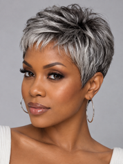 A close-up portrait of a woman wearing a short, layered pixie wig with silver and dark gray tones, paired with large hoop earrings against a plain gray background.