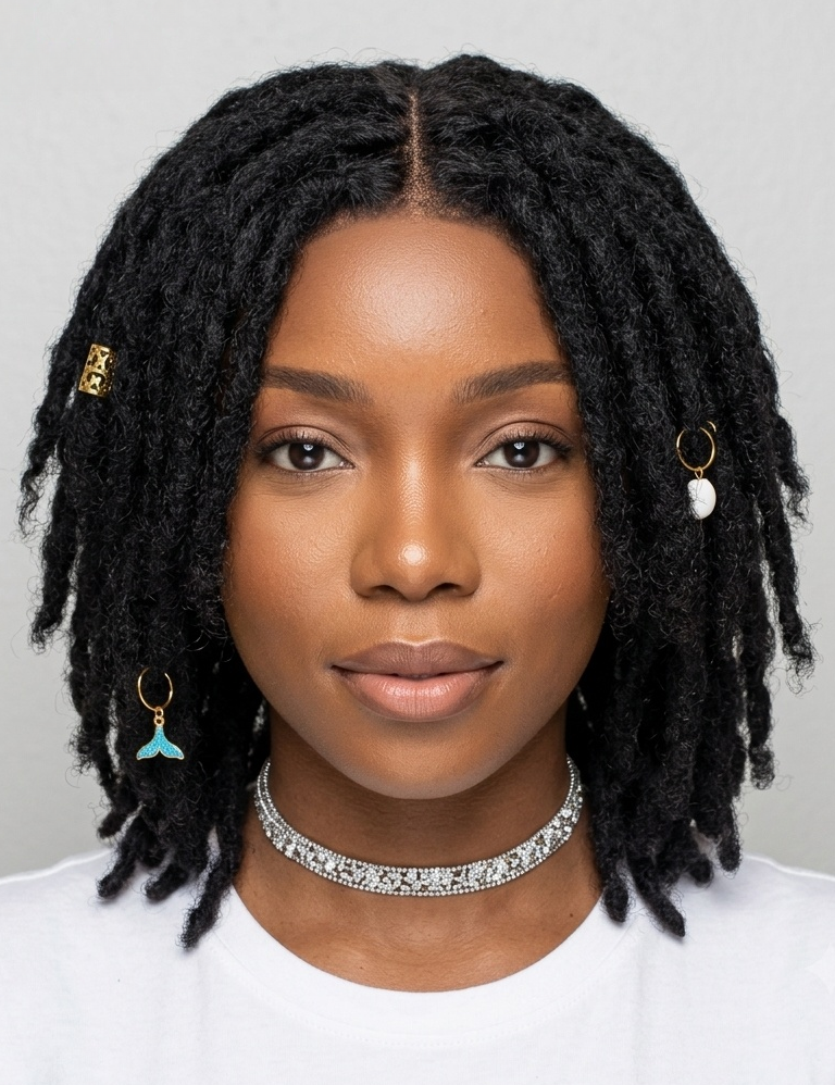 A close-up portrait of a woman with short black dreadlocks wearing a silver rhinestone choker necklace, a white t-shirt, and small gold and turquoise hair accessories against a light gray background.