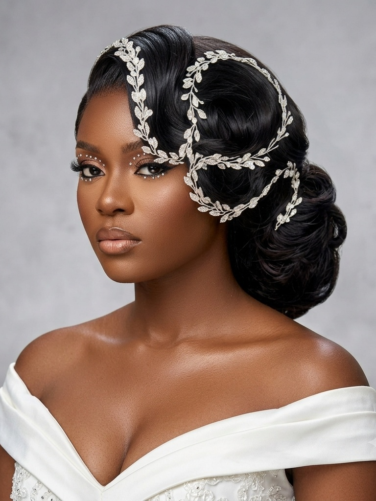 A woman with styled black hair wears a decorative silver leaf-patterned headpiece and a white off-the-shoulder dress against a soft gray studio background.