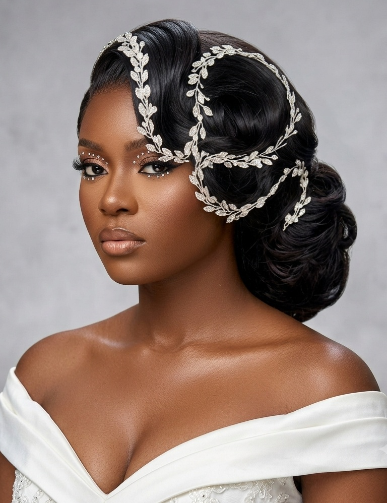 A woman with styled black hair wears a decorative silver leaf-patterned headpiece and a white off-the-shoulder dress against a soft gray studio background.