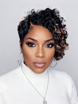 Loyalrose Pixie Loose Curly wig Black mix brown high lignt color Side part Frontal 13x4 lace 100% Human Hair