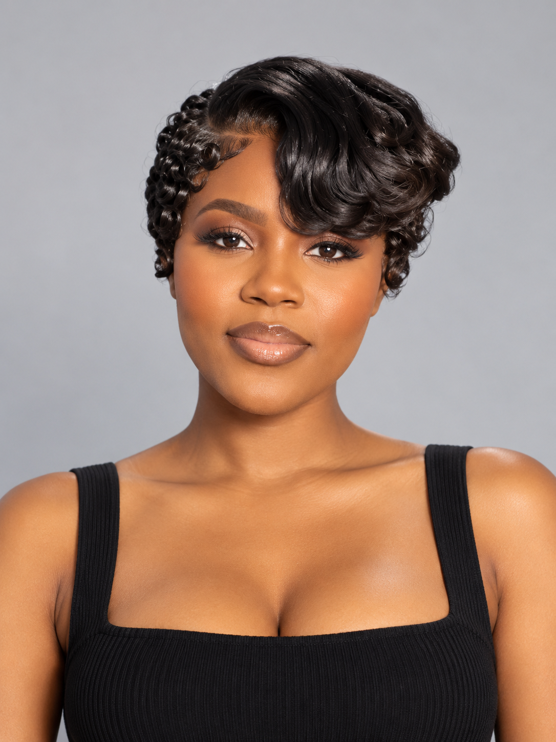 Loyalrose Pixie wig Finger wave 8 inches Side part Multicolors 100% human hair Glueless frontal lace 13*4 With bang