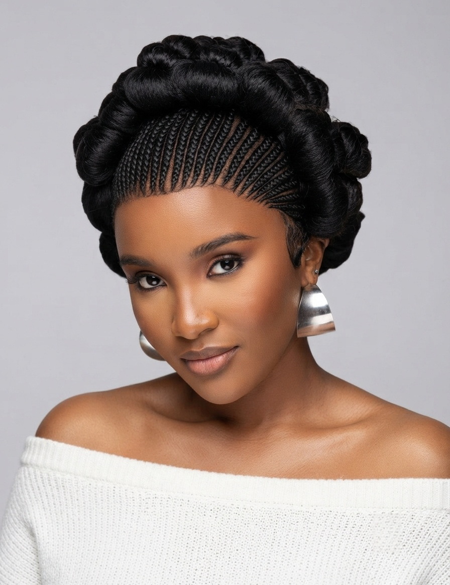A woman with a styled updo hairstyle featuring braided detailing across the forehead, wearing a white off-the-shoulder knit top and silver earrings against a plain gray background.
