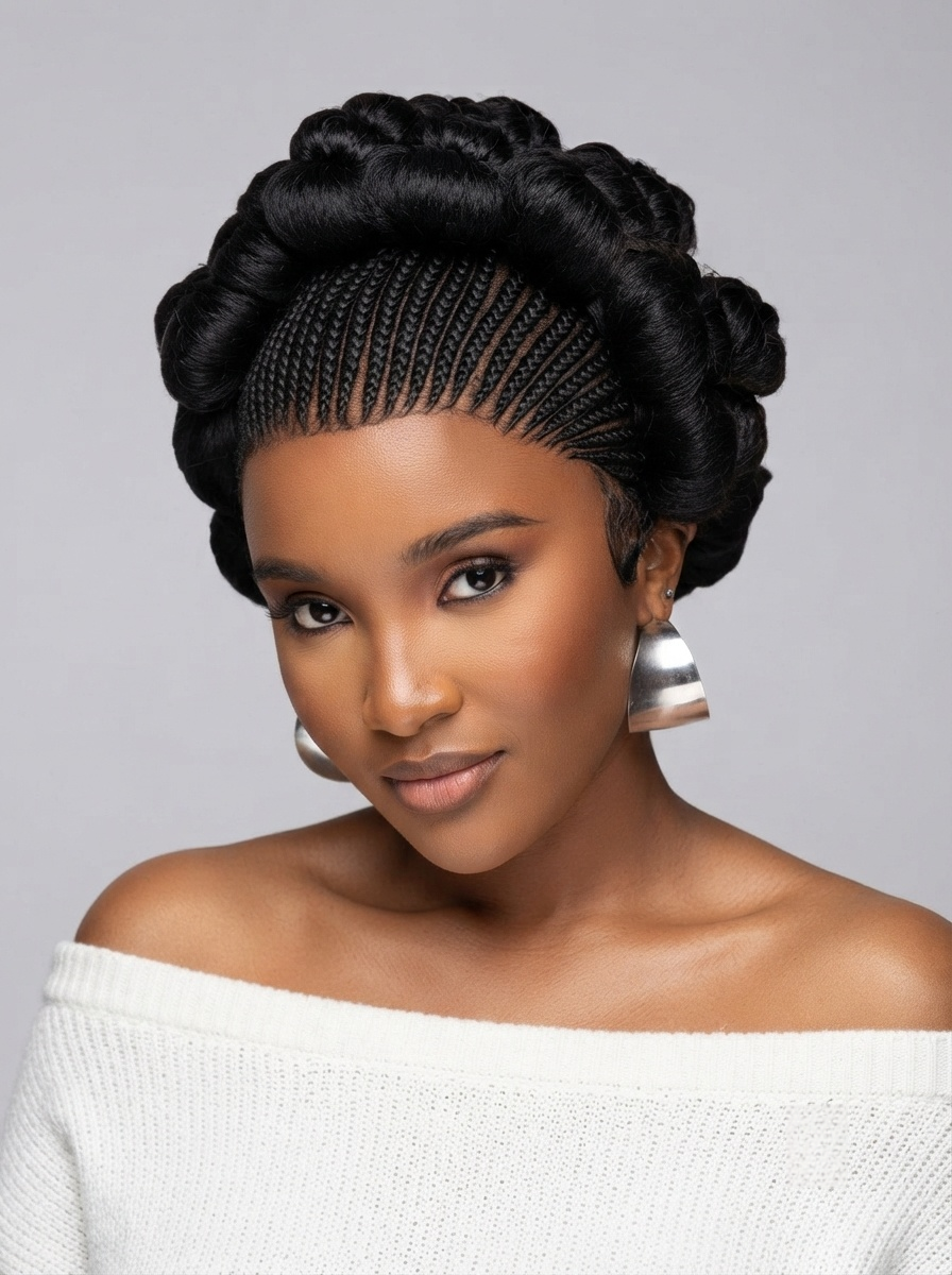 A woman with a styled updo hairstyle featuring braided detailing across the forehead, wearing a white off-the-shoulder knit top and silver earrings against a plain gray background.