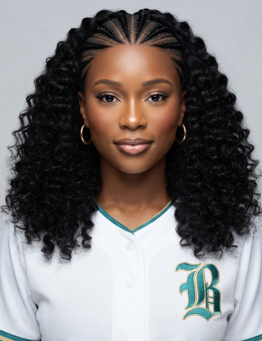 A woman with long, voluminous black curly hair styled in a cornrow bun, wearing a white baseball jersey with teal and gold trim and a stylized 'B' logo on the chest, set against a solid gray studio background.