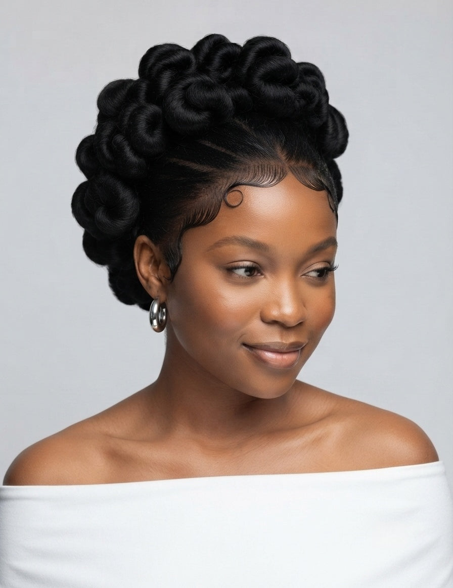 A woman with an elegant updo hairstyle featuring textured, rolled black curls and a clean part line, wearing a white off-the-shoulder top against a light gray background.