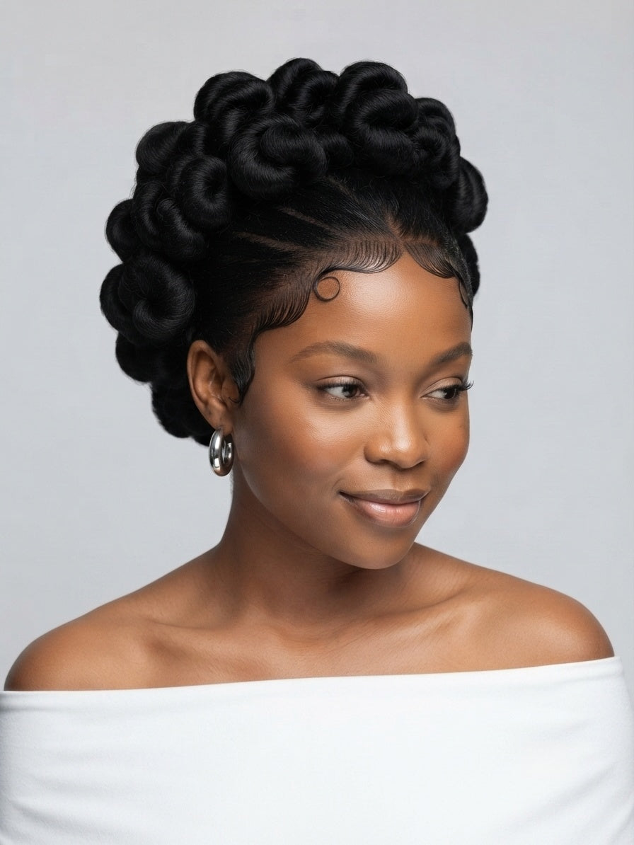 A woman with an elegant updo hairstyle featuring textured, rolled black curls and a clean part line, wearing a white off-the-shoulder top against a light gray background.