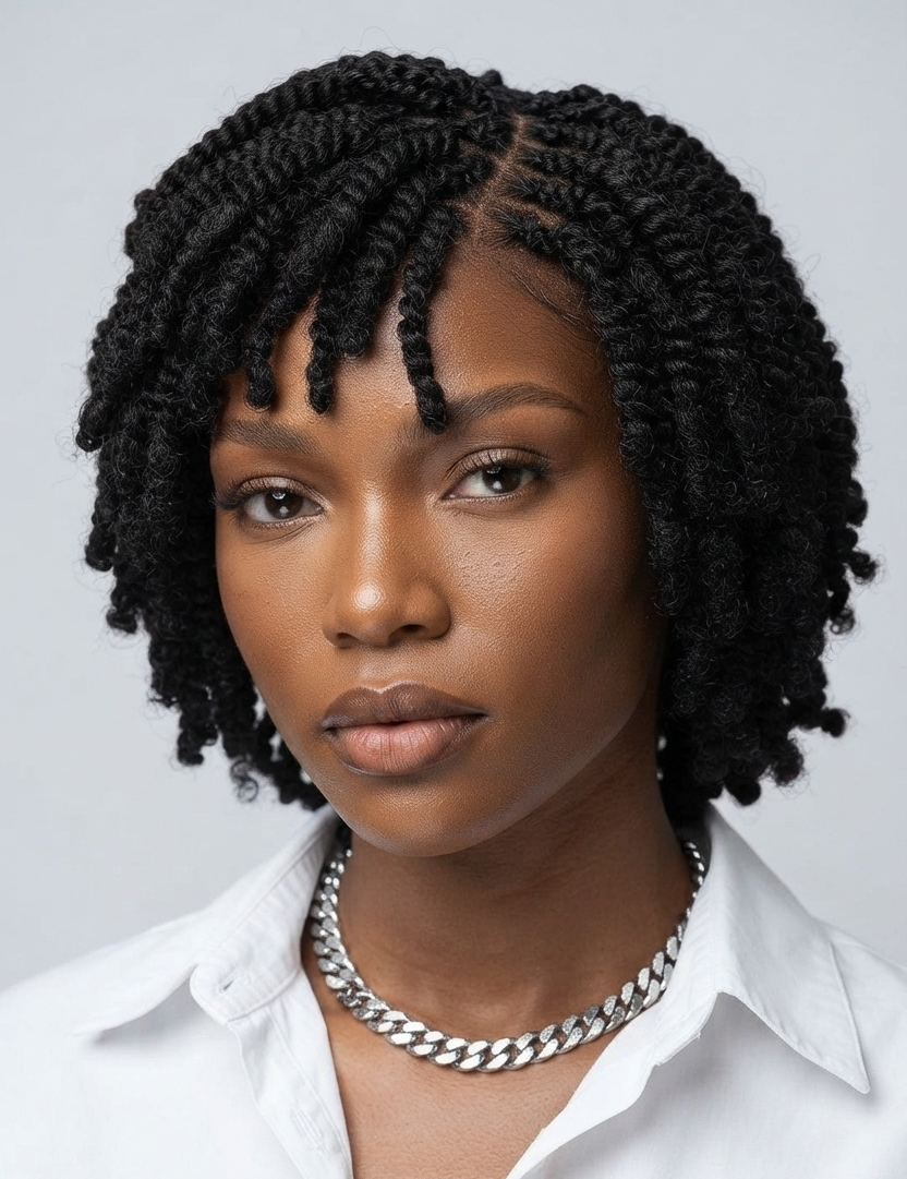 A close-up portrait of a woman with short, tightly curled black hair, wearing a white collared shirt and a chunky silver chain necklace against a light gray background.