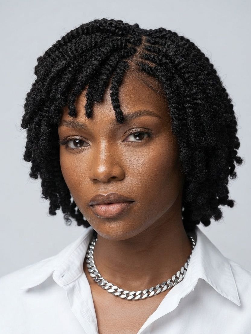 A close-up portrait of a woman with short, tightly curled black hair, wearing a white collared shirt and a chunky silver chain necklace against a light gray background.