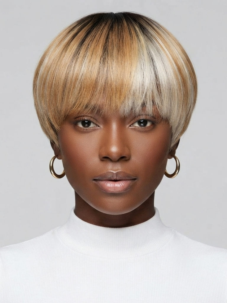 A woman with a short, straight, chin-length bob wig with a dark root and warm blonde highlights, wearing a white mock neck top and gold hoop earrings against a light gray background.