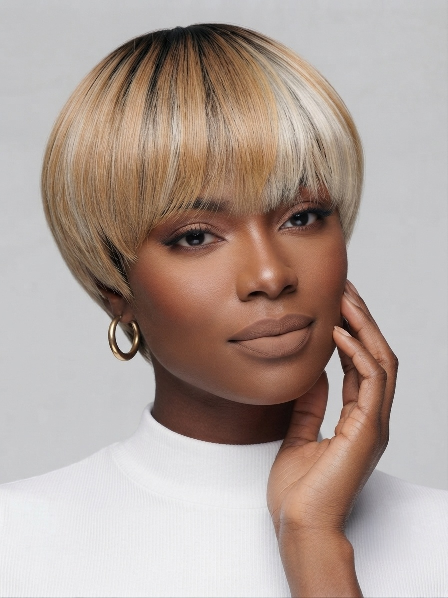 A woman with a short, straight, bob-cut wig with bangs in a blonde and dark brown/black ombre style, wearing a white top against a light gray background.