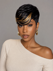 Loyalrose Short Straight Pixie Wig Black mix blond color 100% human hair Machine Made with bang