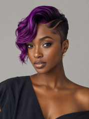 Loyalrose Pixie body wave wig Black&Purple color Side part Full lace 100% Human Hair with Design Cut