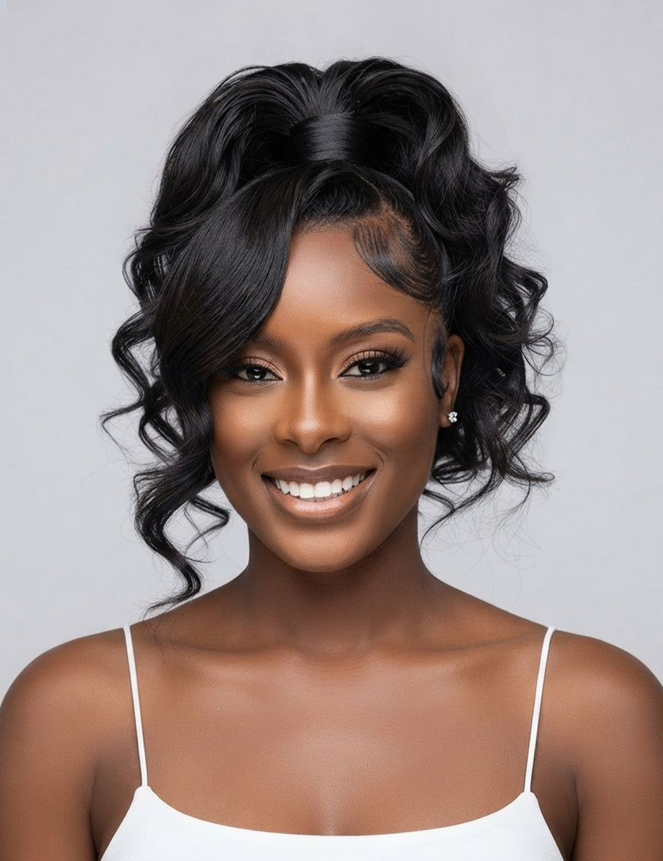 A smiling woman with a high-volume black faux hair extension or wig styled in a half-updo with side curls, wearing a white spaghetti-strap top against a light gray studio background.
