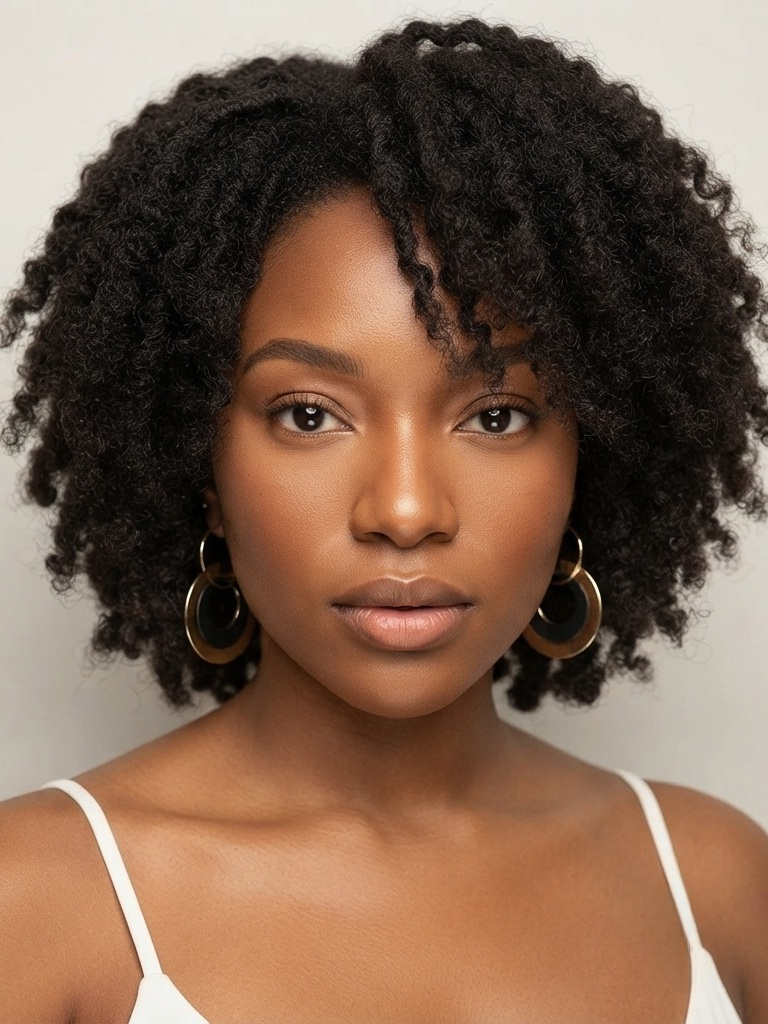 A close-up portrait of a woman with voluminous, tightly curled black hair, wearing large gold hoop earrings and a white spaghetti-strap top against a plain light gray background.