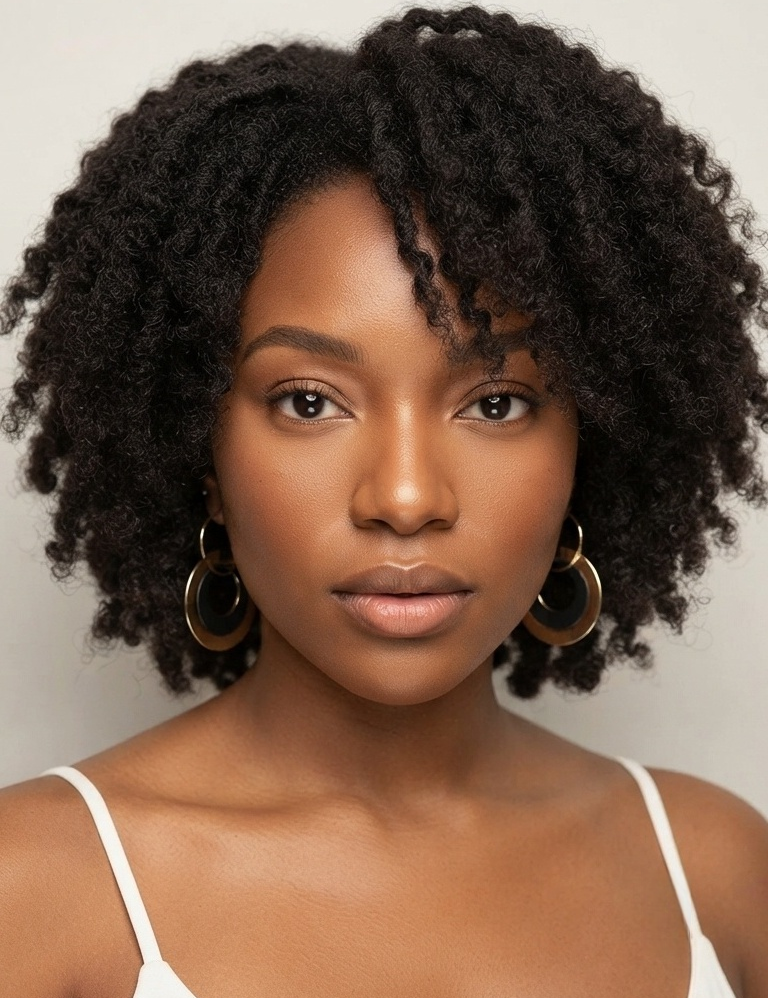 A close-up portrait of a woman with voluminous, tightly curled black hair, wearing large gold hoop earrings and a white spaghetti-strap top against a plain light gray background.