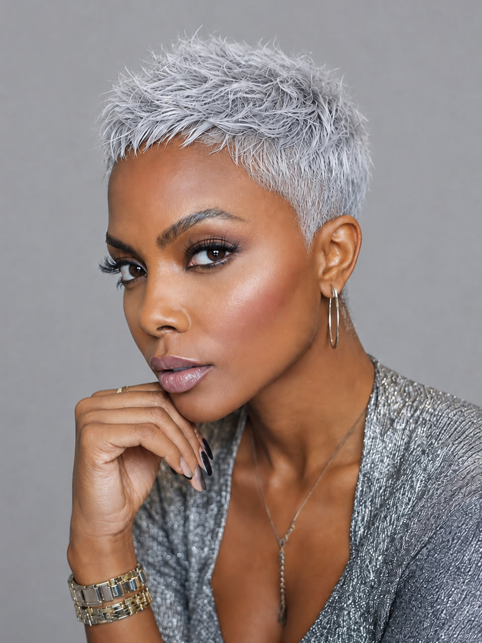 Loyalrose Salt & Pepper Pixie Short Cut Wig free part Lace Front 100% Human Hair Glueless style 4