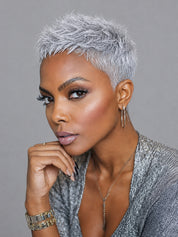 Loyalrose Salt & Pepper Pixie Short Cut Wig free part Lace Front 100% Human Hair Glueless style 4