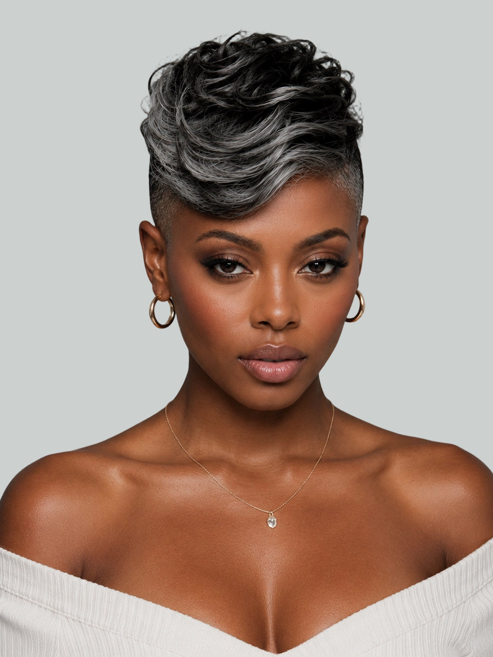 Loyalrose Salt & Pepper Pixie Short Cut Wig side part Lace closure 7*5 100% Human Hair Glueless with bang