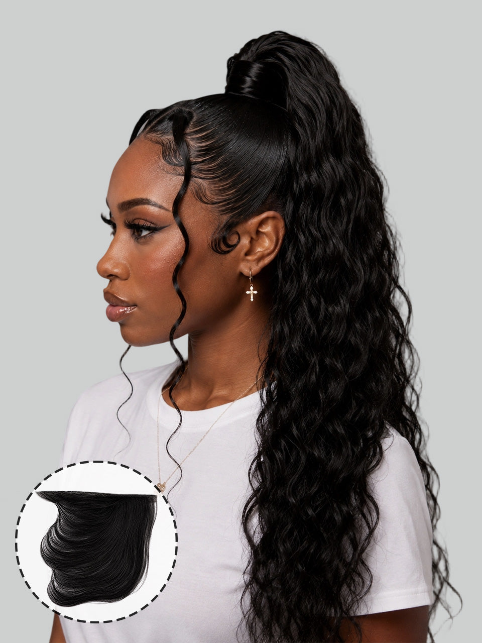 Rear view of a person with a short, layered, textured black wig or hairpiece against a solid light gray background.