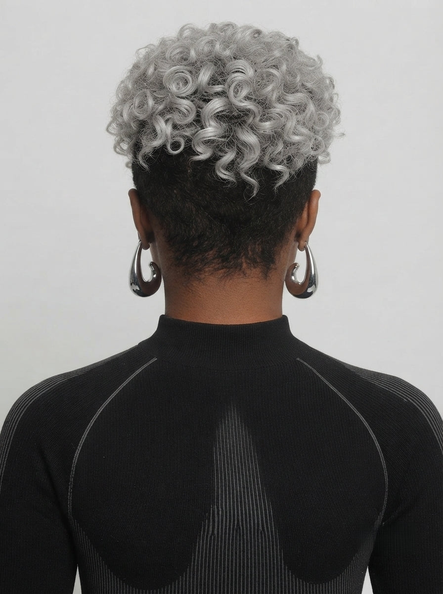 Back view of a woman wearing a silver-grey curly short wig, showcasing the voluminous, tightly coiled curls at the crown and nape. The texture appears soft and bouncy, with natural-looking density that frames the neck elegantly. She pairs it with large metallic hoop earrings and a black ribbed turtleneck for a bold, modern aesthetic.