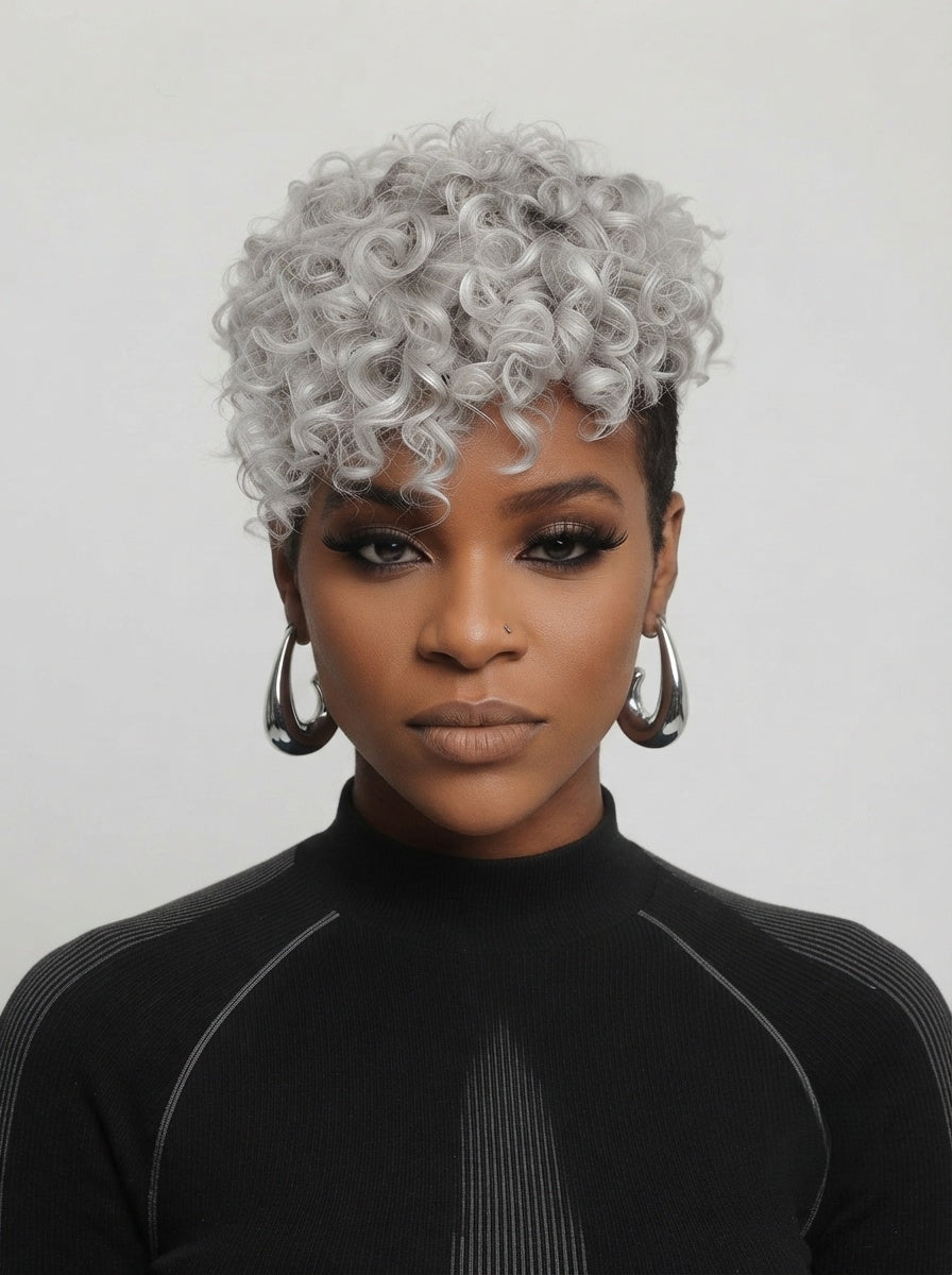 Frontal portrait of a model in a silver-grey afro-textured pixie wig, highlighting the symmetrical curl pattern and fullness around the face. Her dramatic smoky eye makeup and nose piercing complement the edgy, confident vibe. The wig’s short length and tight coils create a striking contrast against her dark skin tone and minimalist black top.