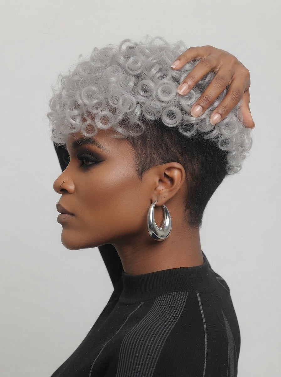 Three-quarter view of a model in a silver-grey curly short wig, angled to display the depth of the curls and the clean fade along the jawline. The wig’s texture mimics natural coily hair while maintaining a polished, styled finish. Paired with glossy nude lips and sculptural silver earrings, the look balances glamour with urban coolness.