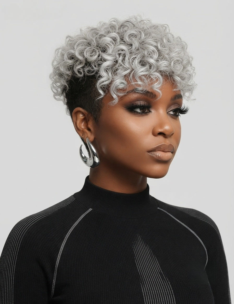 Three-quarter view of a model in a silver-grey curly short wig, angled to display the depth of the curls and the clean fade along the jawline. The wig’s texture mimics natural coily hair while maintaining a polished, styled finish. Paired with glossy nude lips and sculptural silver earrings, the look balances glamour with urban coolness.