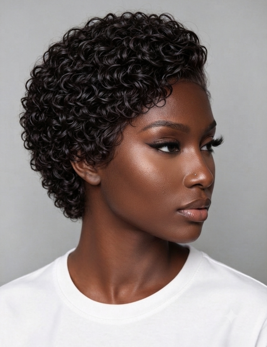 A woman with a short, tightly curled black wig or hairpiece shown in profile against a plain light gray background. The product appears to be the hair itself rather than a styling result, so the hair color and texture are the product colors.