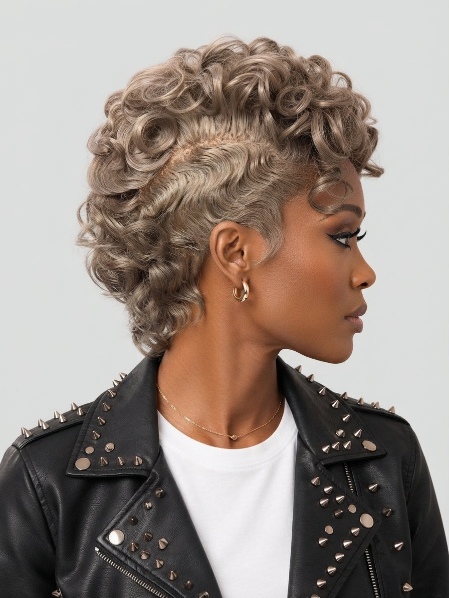 A woman shown in side profile wearing a short, curly, undercut-style wig with gray and blonde highlights, along with a black studded leather jacket and white t-shirt against a light gray background.
