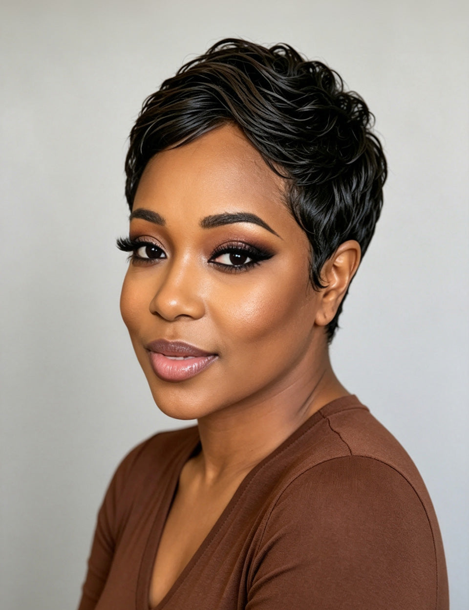 A close-up portrait of a woman with short, styled black hair wearing a brown V-neck top against a plain light gray background.