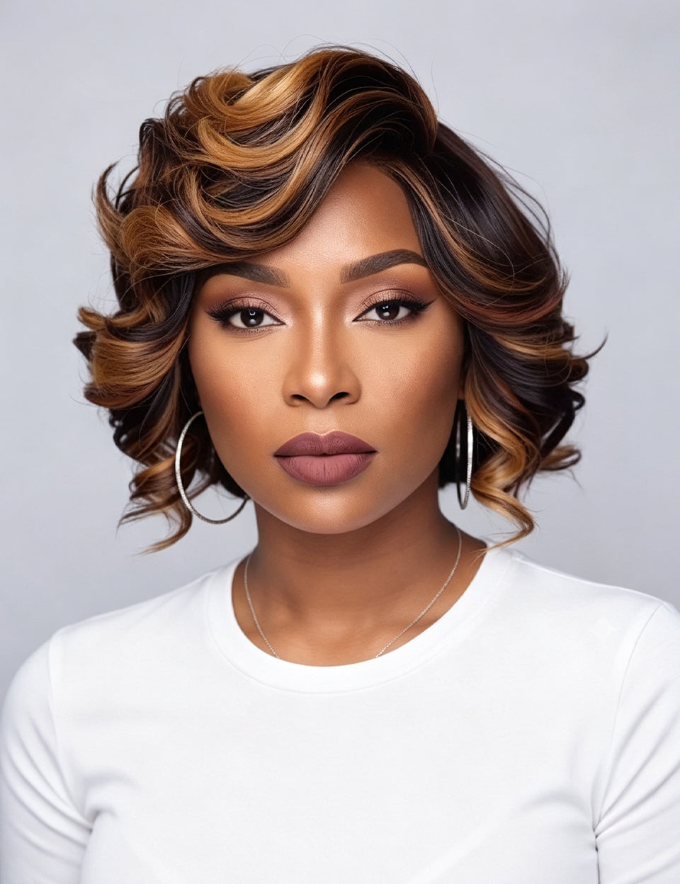 A woman with a short, layered wig featuring dark brown and warm caramel-blonde highlights, styled with soft waves and curled ends. She is wearing a white long-sleeve top and large silver hoop earrings against a plain light gray studio background.