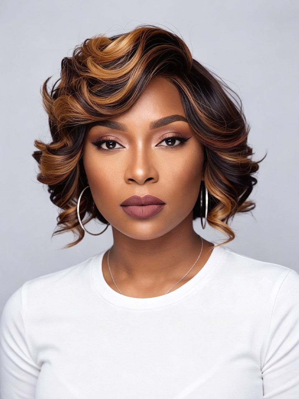 A woman with a short, layered wig featuring dark brown and warm caramel-blonde highlights, styled with soft waves and curled ends. She is wearing a white long-sleeve top and large silver hoop earrings against a plain light gray studio background.