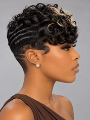 Loyalrose Pixie wig Curly wave 6 inches Black mix blond 100% human hair with bang Glueless with Full lace TWA with Fade and Hard Part style 47