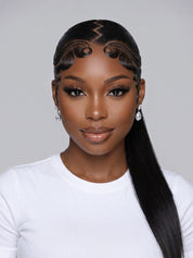 A woman with a long, straight black wig styled with a zigzag part, curled side sections, and a low ponytail, wearing a white top against a light gray background.