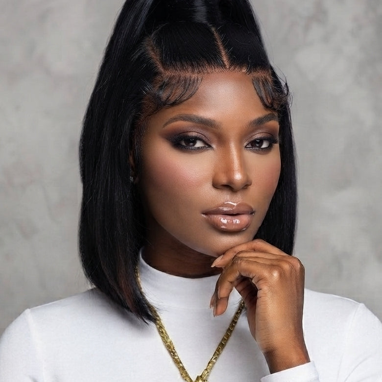 A woman with a sleek black high-top wig and bangs, wearing a white mock-neck top and a gold pendant necklace, posing against a textured gray background.