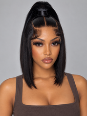 Loyalrose Pre-styled wig straight frontal lace 13*6 Black color without glue with Ponytail 12 inches