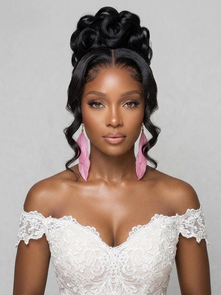 A woman modeling a black lace front wig with a high, voluminous rolled updo and side-swept curls, wearing a white lace off-the-shoulder dress and pink feather earrings against a light gray background.