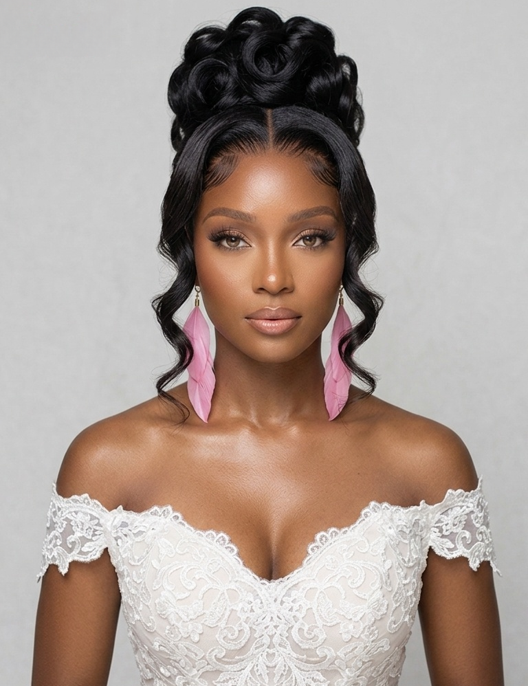 A woman modeling a black lace front wig with a high, voluminous rolled updo and side-swept curls, wearing a white lace off-the-shoulder dress and pink feather earrings against a light gray background.