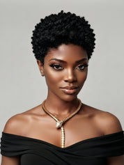 Model showcasing a natural black 13x4 lace front afro wig. The short, curly human hair wig has a dense texture and realistic scalp appearance, perfect for a classic TWA (Teeny Weeny Afro) style without glue.