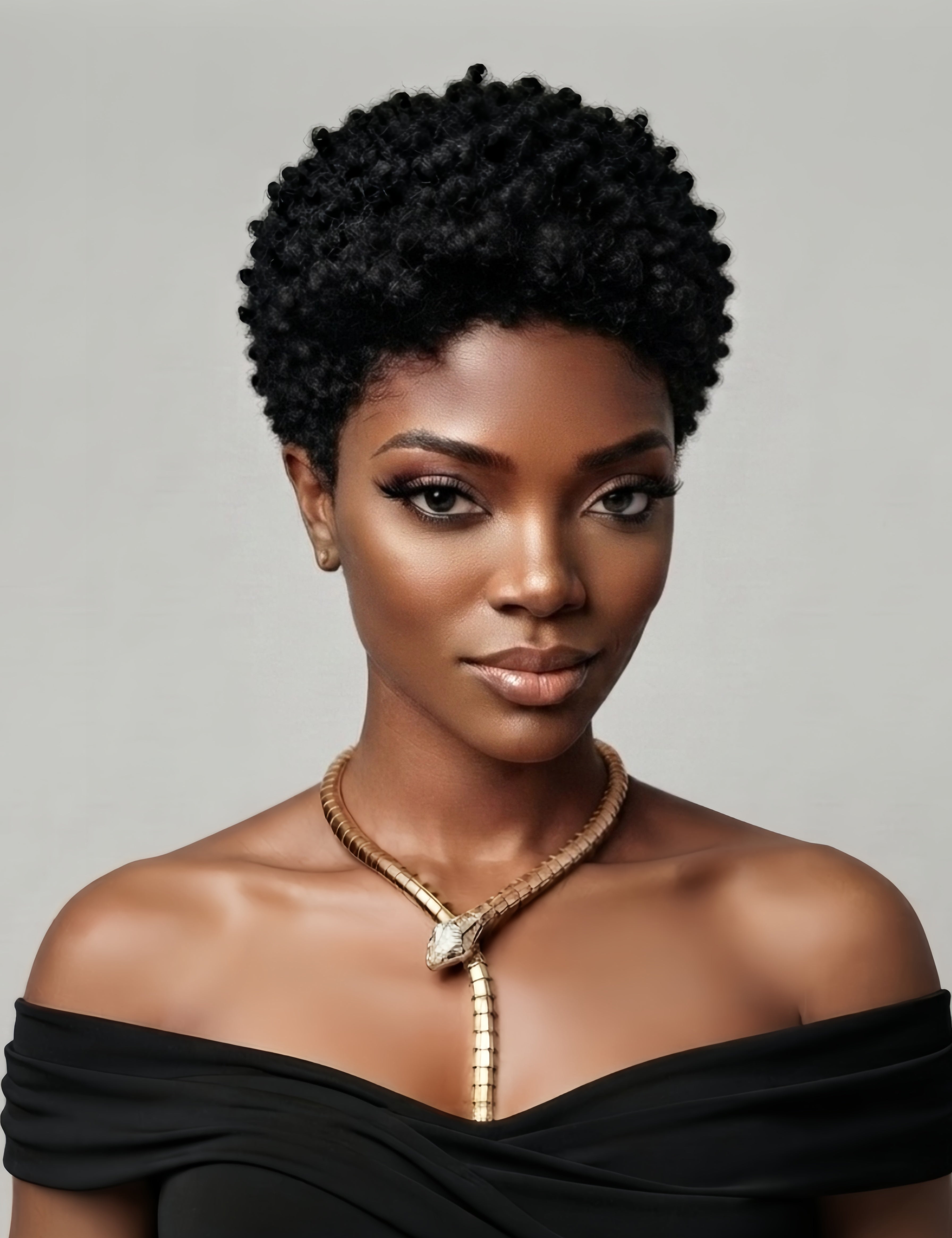 Model showcasing a natural black 13x4 lace front afro wig. The short, curly human hair wig has a dense texture and realistic scalp appearance, perfect for a classic TWA (Teeny Weeny Afro) style without glue.