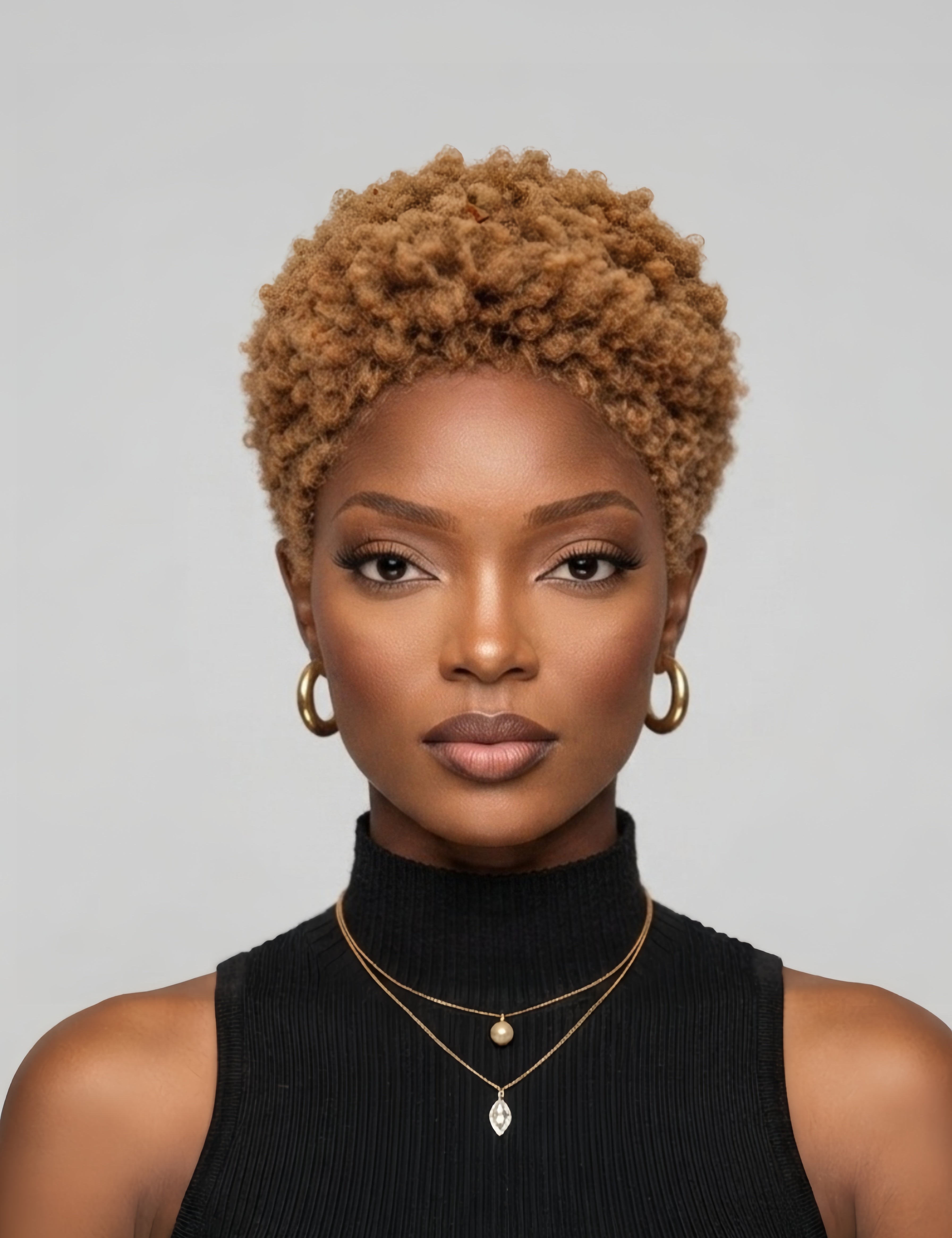 Front view of a woman wearing a honey blonde lowcut afro wig. This 6-inch glueless human hair pixie cut features tight kinky curls and a natural hairline, styled for a bold and trendy look.