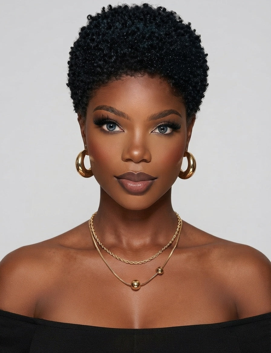A close-up shot shows a woman wearing a black and green mixed low-cut curly wig. This glue-free, 100% human hair wig features a voluminous African texture and a neat hairline, making it perfect for everyday wear and easy to maintain.