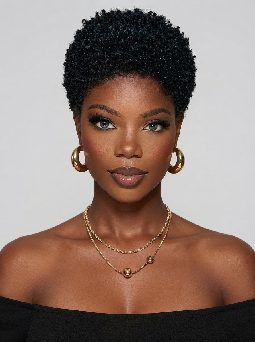 A close-up shot shows a woman wearing a black and green mixed low-cut curly wig. This glue-free, 100% human hair wig features a voluminous African texture and a neat hairline, making it perfect for everyday wear and easy to maintain.