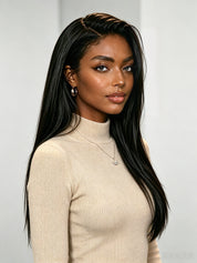 Side profile showing the length and volume of the 13x6 straight human hair wig. The black Brazilian hair looks thick and tangle-free, draping naturally down the back to demonstrate the wig's movement and texture