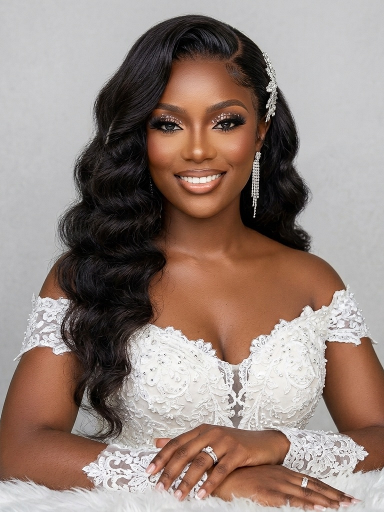 A smiling woman with long, wavy black hair wearing a white off-the-shoulder lace wedding dress and silver statement earrings, posed against a light gray studio background.