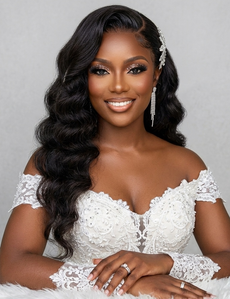 A smiling woman with long, wavy black hair wearing a white off-the-shoulder lace wedding dress and silver statement earrings, posed against a light gray studio background.