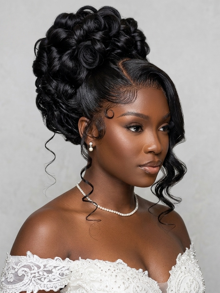 A woman with an elaborate updo hairstyle wearing a white lace off-the-shoulder top, set against a neutral gray background.