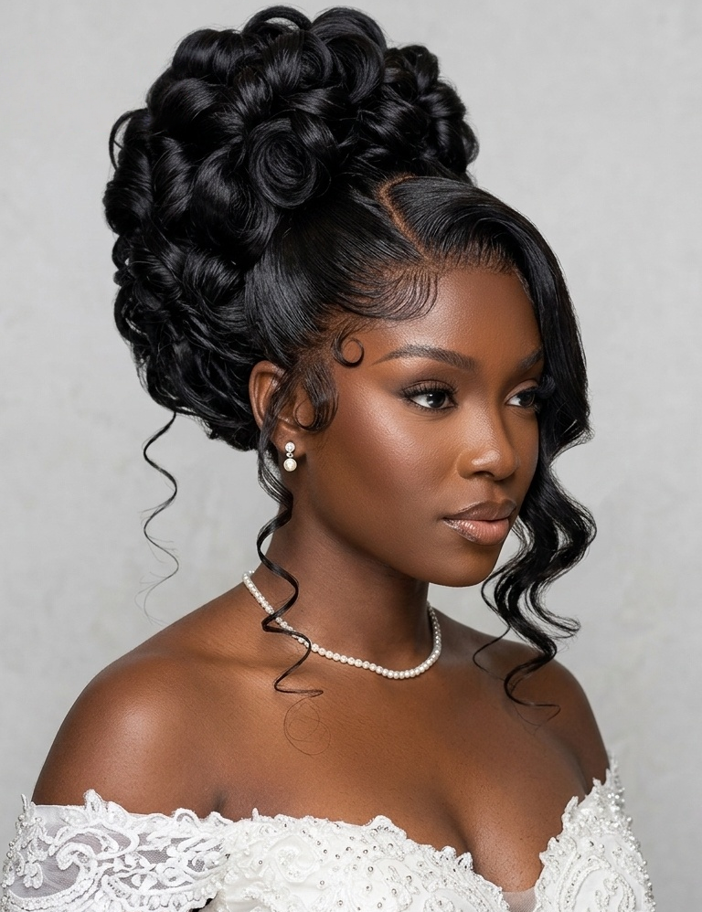 A woman with an elaborate updo hairstyle wearing a white lace off-the-shoulder top, set against a neutral gray background.